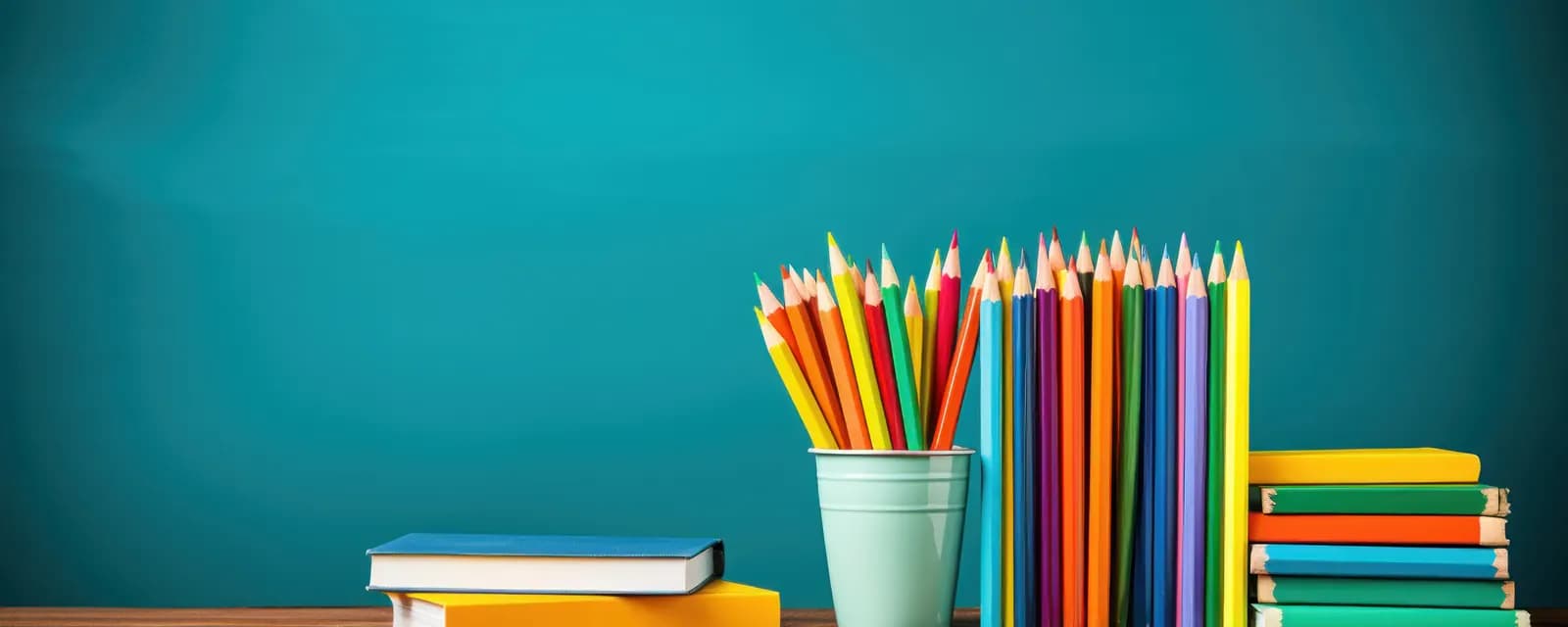Livres et crayons de couleur devant un tableau